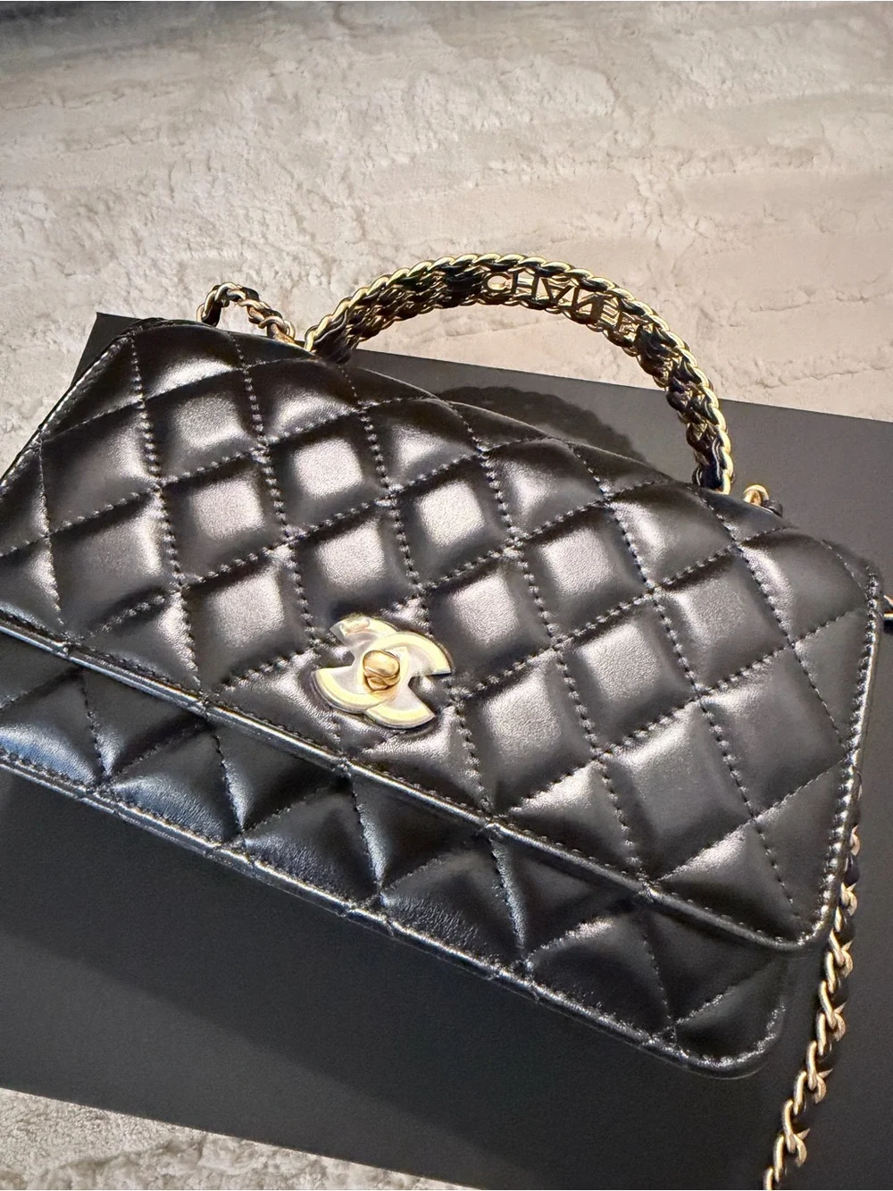 CHANEL Black Quilted Leather Top Handle Mini Flap Bag with Gold Hardware New!